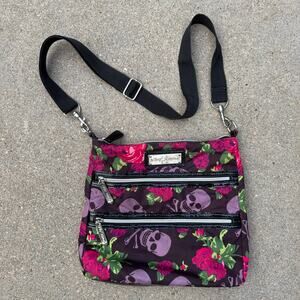 Betsy Johnson Y2K Skull and Roses Crossbody Purse Zippers Black Pink Purple